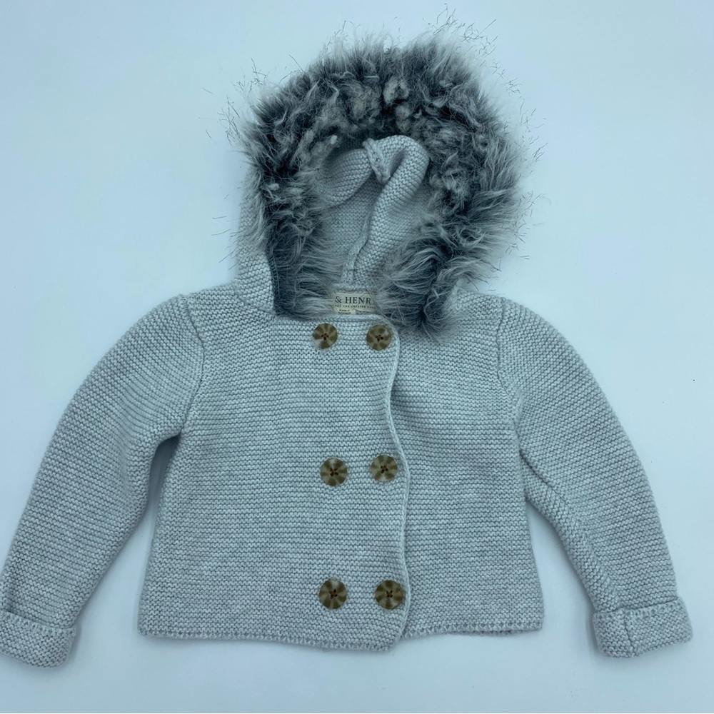 Hope & Henry‎ Faux Fur Hoodie Sweater Double Breasted Organic Cotton Button 3-6m